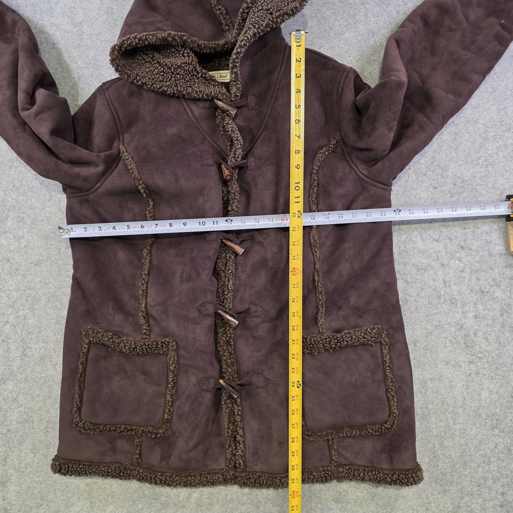 LL Bean Coat Womens XL Brown Faux Fur Lined Hooded Toggle Fleece‎ Parka Jacket - Picture 7 of 13
